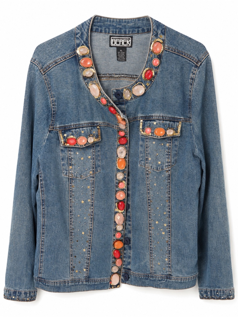 Berek Blue Denim Jacket with Coral, Red and Cream Gem Trim Layered Cottagecore - Picture 5 of 12